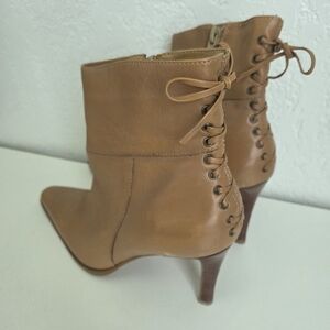 Bruno Valenti Tan Suede Heeled Boots with Lace-Up Detail